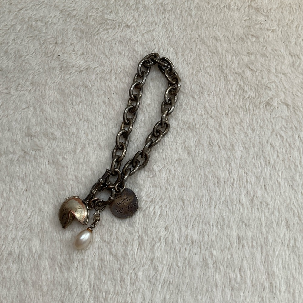 'Wish You' Charm Bracelet with Pearl Drop - Blackened Silver Tone